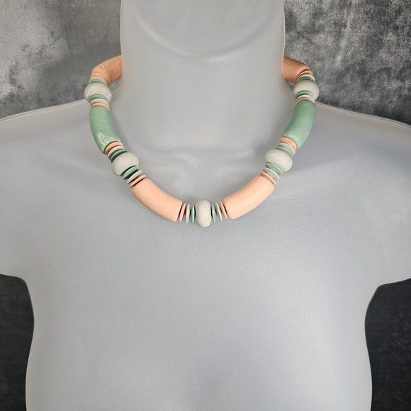 Avon Necklace Bracelet Vintage Marbled Peach Mint Geometric Chunky Beach - Picture 5 of 7